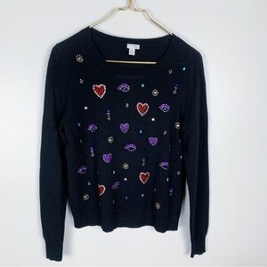 Halogen 100% cashmere rhinestone gem heart crewneck sweater multi black small